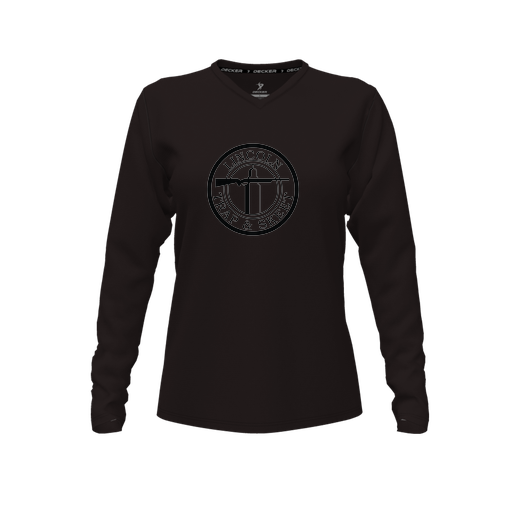 [CUS-DFW-TEES-CMF-VNK-LSL-BLK-FYXS-LOGO1] Decker Comfort T-Shirt (Female Youth XS, Black, V Neck, Logo 1, Long Sleeve)