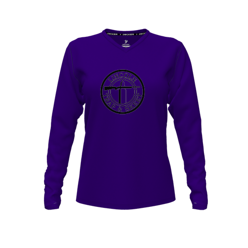 [CUS-DFW-TEES-CMF-VNK-LSL-PUR-FYXS-LOGO1] Decker Comfort T-Shirt (Female Youth XS, Purple, V Neck, Logo 1, Long Sleeve)